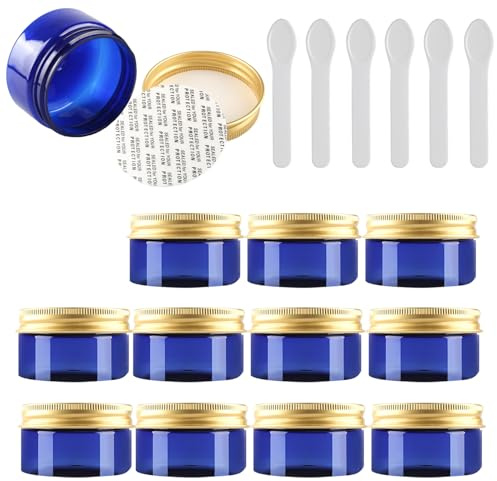 PQPAUTY 12 Pièces Vides Petit 100 ml Bleu Cosmétique Pot en Plastique avec Couvercle Or 100 g Pots de Cosmétique Crème de Bouteille Contenant avec 6x Spatules