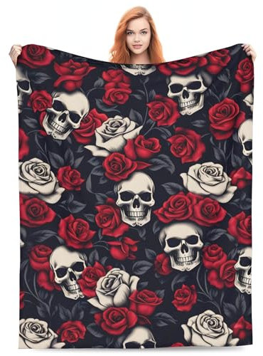VODRM Horror-Totenkopf-Decke, Geschenke für Kinder und Erwachsene, weich, warm, leicht, gemütlich, rote Rose, weiße und schwarze Totenköpfe, Überwurf, Decken für Bett, Wohnzimmer, Sofa, Couch,