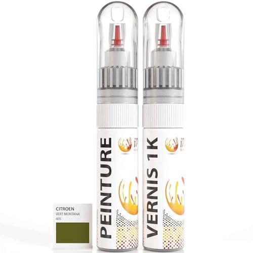 ipixline Kit Retouche Peinture Carrosserie Voiture - Stylo Correcteur Peinture Auto 30 ml, Vernis Brillant 1k 30 ml - Compatible avec Citroen - Vert Montana * 405