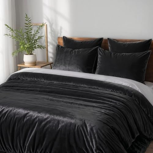 Cozyor Kuschel-Bettwäsche extra dick und weich Plüsch, robuster Reißverschluss Deckenbezug 135x200 cm, Kissenbezug 80x80 cm, 2 teilig, schwarz Eclipse