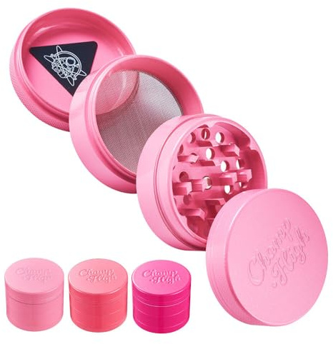 Murago - 50mm Grinder Metall Pink/Rosa mit Glitzer - Crusher mit Sieb Gewürzmühle Kräutermühle Feinsieb 4 teilig