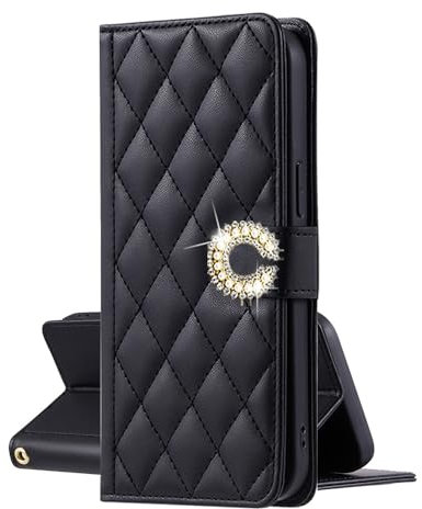 EuoDuo für Oppo A54s / Oppo A16s / Oppo A16 Hülle zum Klappen PU Leder Handyhülle Glitzer Diamant Blumen Klapphülle Rautenmuster Schutzhülle Handytasche Mädchen Etui - Schwarz