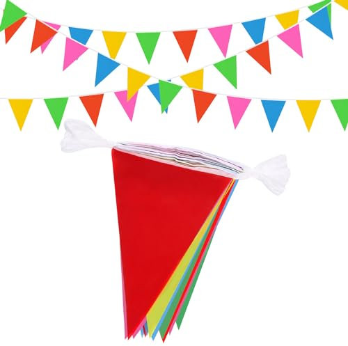 Banderines Multicolores de 50 m/164 pies, 100 banderines Triangulares de Tela para Interiores y Exteriores, cumpleaños, Baby Shower, Bodas, Jardines, Decoraciones para Fiestas en el hogar