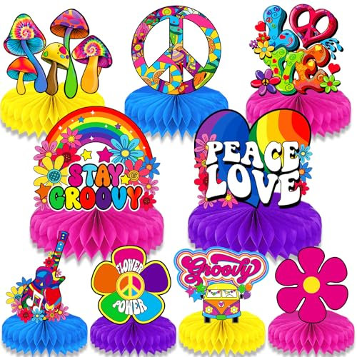 Qpout 9 Stück Groovy Hippie Boho Party Waben-Tafelaufsätze Tie-Dye Party Tischdekorationen Retro Blumen Regenbogen Gänseblümchen Friedenszeichen für 60er und 70er Jahre Hippie Mottopartys Dekorationen