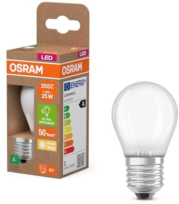 Osram LED-Lampe in klassischer Miniballform, mit dekorativem LED-Filament im Frosted Design, Energieeffizienzklasse A, E27, 1.2 W, 255 lm, 2700 K, warmweiß. Ohne Aufwärmen, sofort 100% Licht.