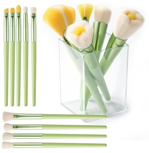 Fan Highlight Makeup Brush Set, 14pcs Real Techniques Professional Daisy Flower Cute Green Makeup Brush Brushes Set of Powder Blush Eye Shadow Nail Sunscreen Brush with Case for Girls Women