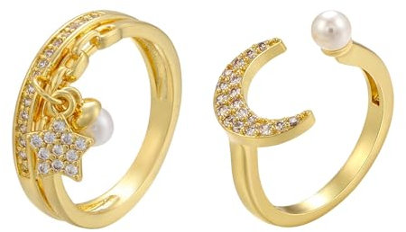 ZENGSING Damen Gold Silber Ringe Set Perlen Sonne Mond Ring Set mit Zirkonia Kristall 2 Stück Boho Fingerringe Stapelbare Ringe Set Damen Gold Silber Ring Geschenke für Damen Mädchen (Gold)