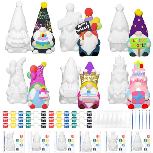 VioraWhite 6 Sets Happy Birthday Gnome Ceramics to Paint Ready to Paint Your Own Ceramic Gnome Statues DIY Unpainted Ceramics Paintable Birthday Gnome Figurines Kit Crafts with Brush Paint for Adults