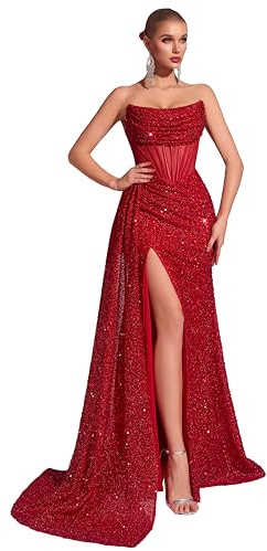 Cocktail Evening Gowns Formal Dresses for Women Sequin Tulle Wedding Guest Party Sexy Off Shoulder Floor Length Prom Dress Red-L