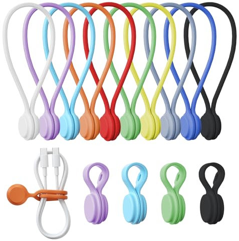 Reusable Silicone Magnetic Cable Ties - 2 Sizes Combo (4pcs 2.56'' + 10pcs 7.16'') - Multi-Purpose for Cable Bundling, Organizing, Bookmarks & Fridge Magnets - Assorted Colors, 14-Pack