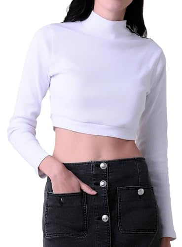 Enorsia Womens Turtleneck Crop Top Slim Fit Long Sleeve Ribbed Knit Shirt with Snap Button Closure – Stretchy Elastic Hem Casual Fashion Top for Layering & Outfits Perfect Long Sleeve Tops Women