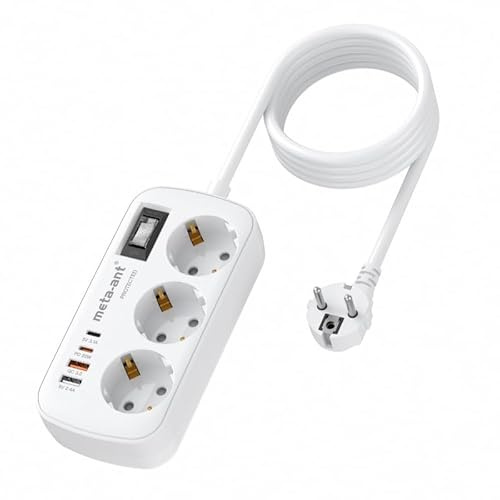 Steckdosenleiste mit USB PD20W, 3 Fach steckdosenleiste mit überspannungsschutz 4000W, Socket with 4 USB (2 USB-C), 1.5 Meter, Steckdosenleiste Wandmontage für Heim Büro, Weiß