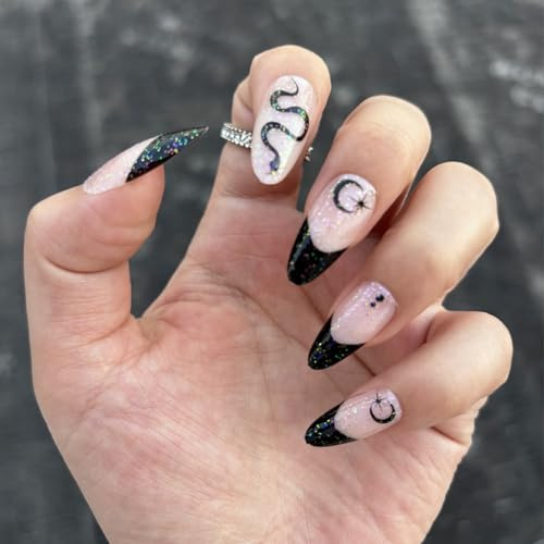 French Press On Nails, Almond Black Tips, Pale Pink, 24-Piece Set | Iridescent-Style Sparkle, Snake, Crescent Moon And Star Motifs, For At-Home Manicures, Parties And Evening Events