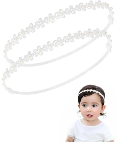 ZEXIJOW 2 Pezzi Fascia Elastica per Neonata,Doppio Pizzo Con perle,Fascette Capelli Morbide in Nylon,Bianco,Regalo per Bambini