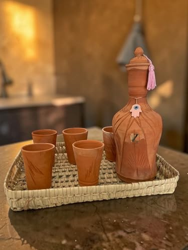 Jarre à Eau marocain Fait Main avec Robinet - Terre Cuite - Fontaine à Eau Traditionnelle avec 3 Tasses et Plateau - Filtration Naturelle - Décoration Orientale (Modéle 2)