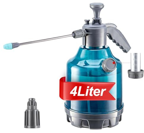 DRADERCH Drucksprüher 4 Liter,Sprühflasche mit Verlängerungsrohr 27cm mit Messbecher,Drucksprühgerät,Sprühgerät mit 2 in 1 Ventil Gartenspritze,Pumpsprüher für Autowäsche, Gartenmöbel & Haushalt