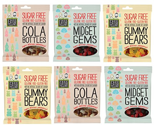 Cola Bottles, Midget Gems & Gummy Bears - Sugar, Gelatine & Gluten Free Jellies Sweets 100g (Pack of 6)