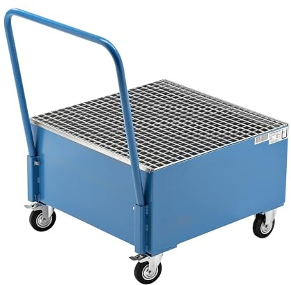 eurokraft basic | Fahrbare Auffangwanne aus Stahlblech | LxB 800 x 800 mm, 1 x 200-l-Fass stehend, blau RAL 5012