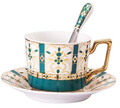 fanquare Tazza da caffè vintage con piattino in porcellana, tazza da tè in verde inglese, 160 ml