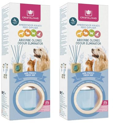 CRISTALINAS. Ambientador & Absorbe Olor Mikado para Mascotas. 0% Alcohol. Mas de 4 semanas de duración. Aroma Aire Fresco. (2x30ml)