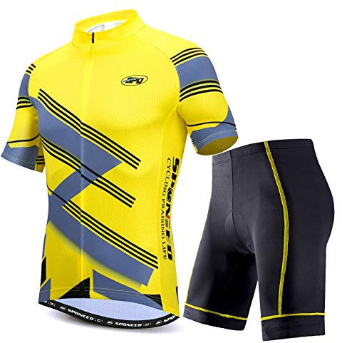 sponeed Radtrikot Kurzarm Anzüge Herren Fahrradbekleidung Rennrad Shorts Gepolsterte Outfits, Gelb, mehrfarbig, Small