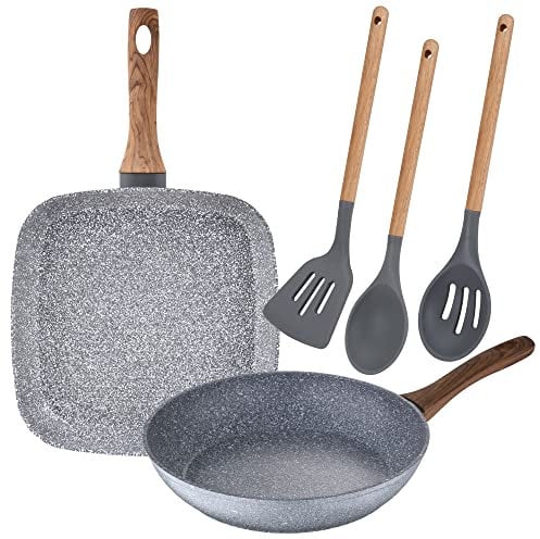 San Ignacio Juego de sarten con asador Grill de 26 cm y 28x28 cm en Aluminio Forjado y Set de 3 Utensilios de Cocina