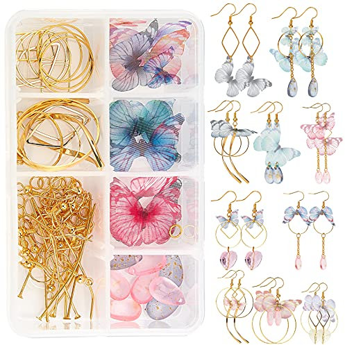 SUNNYCLUE 1 Box DIY 10 Paar Stoff-Schmetterlings-Ohrring-Bausatz Boho Leichte Schlaufe Schmetterlings-Ohrringe Herz-Tränen-Kristallen-Perlen Für Die Schmuckherstellung Bastelanleitung