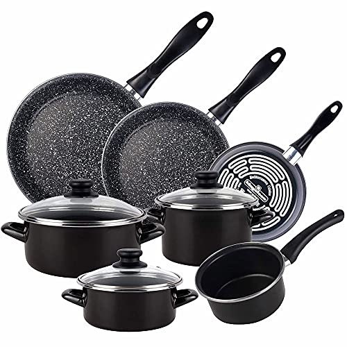 Magefesa Batería 10 piezas cacerolas diámetro16 y diámetro20 tapas, olla diámetro16 tapa y cazo de diámetro14, y 3 Sartenes diámetro 18 diámetro 20 y diámetro 24 cm, acero vitrificado