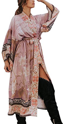 YouKD Cardigan da donna in cotone bohémien lungo kimono spiaggia costume da bagno coprire vestito plus size accappatoio, Viola chiaro, Etichettalia unica