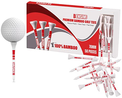 BENSIVE Golf Tees Bamboo 70mm –50 Pcs Sturdy, Biodegradable, Sustainable Wooden Golf Tees with Height Markers & Curved Top for Reduced Friction – Ideal for Beginner & Professional Golfer White(50)