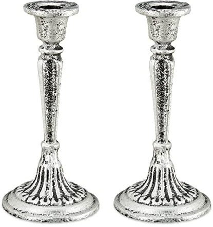 2 x Kerzenständer einarmig, für Tafel- & Stabkerzen, Kerzenleuchter Vintage, Kerzenhalter Gusseisen, HxD 19x9 cm, Silber