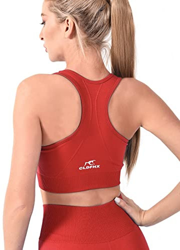 CLDFHX Women Sports Bra High/Mid Impact Support Seamless Racerback Sports Bras Padded with Washing Bag for Yoga Workout Gym Running Fitness, Red/XL