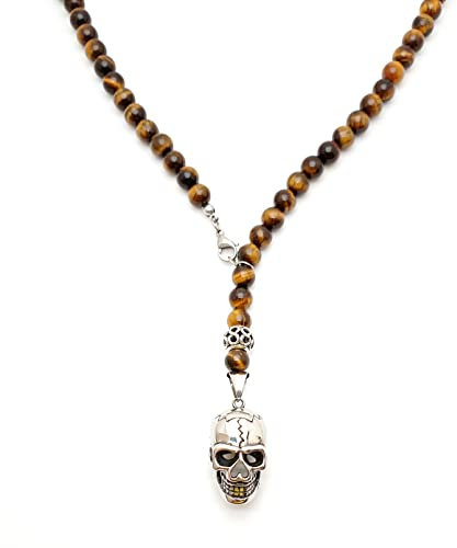 Kette für Herren Männer Y-Kette Halbedelstein Onyx matt Tigerauge perlen Schmuck schwarz Perlenkette Bikerschmuck Skull Kreuz Totenkopf Gebetskette Geschenk Gothik Handmade/ALLA