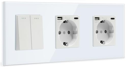 BSEED Lichtschalter Mit Steckdose 2 Fach 1 Weg, Wandschalter Mit 16A Schuko Steckdose, Doppel USB Anschluss (Max. 2.1A) Typ C Port Weiß, Physische Unterputz Wandschalter - 228mm