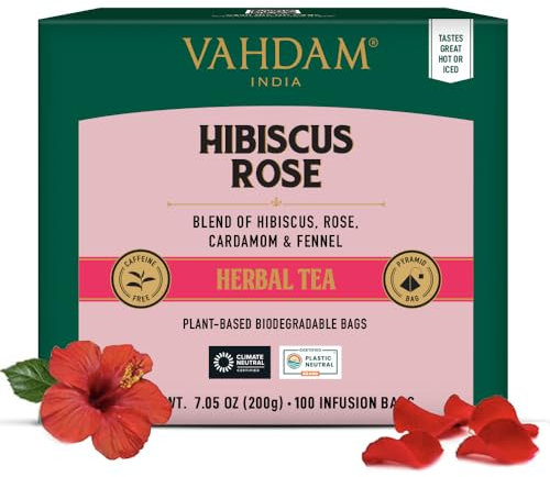 VAHDAM, Hibiscus Rose Tisane (100 Sachets De Thé Pyramid) Sans Caféine | Tisane Infusion Florale Et Fruitée | 100% Pur Et Naturel, Directement De La Source En Inde | Infusion Chaude/Glacée