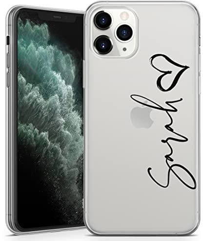 Personalised Phone Case for iPhone 12 Pro Max - Clear Soft Gel TPU Custom Made Cover Hearts Design Individual Style Initials Text - Black Vertical Name&Heart