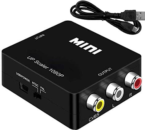 OcioDual Adaptateur Unidirectionnel HDMI vers AV, Audio Stéréo et Vidéo 1080p PAL/NTSC, pour PC, TV, Convertisseur avec Câble d'alimentation, HDMI2AV, CVBS 3 RCA, Couleur Noire
