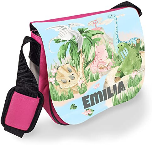 Kindertasche mit Namen für Mädchen und Jungen „Dinos“ – Dinosaurier Umhängetasche für Kinder personalisiert – Kindergartentasche Geschenk zur Einschulung | für Kita, Krippe und Freizeit (Pink)