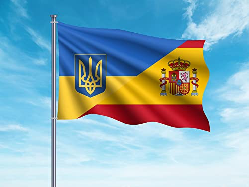 Oedim Bandera de Ucrania y España con Escudo, 150x85cm, Incluye 2 Ojales Metálicos, Resistente al Agua, Fabricada en Tela