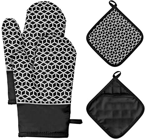 Juego de 4 Guantes Horno Cocina, Manoplas Horno y Agarraderas, Guantes para Hornear Antideslizante, Guantes Cocina Resistentes al Calor para Hornear, Cocinar, Asar (Negro)