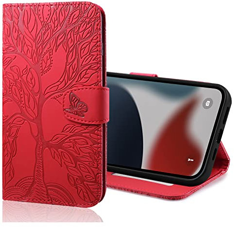 Nokverzy Coque pour Samsung Galaxy A8 2018 Porte Carte Aimantée Portefeuille Cuir Coque Telephone Portable Clapet pour Samsung Galaxy A8 2018 Protection Etui avec Cordon Arbres Rouge
