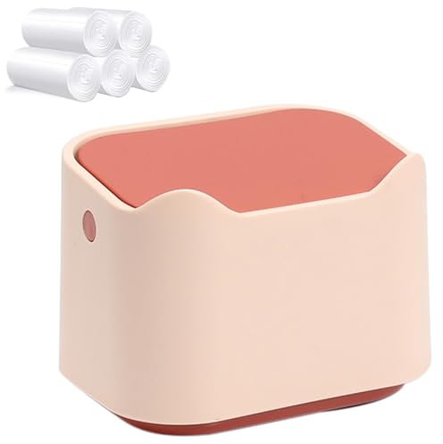 Everesta Desktop Trash Can, Mini Waste Bin with 150 Counts Bin Bags, Press Lid for Kitchen Bathroom Cosmetics Desk Top (Orange Pink)