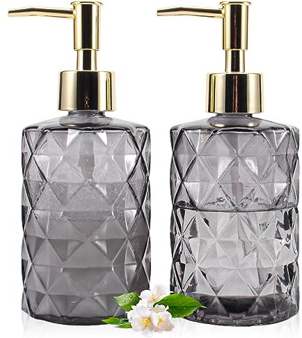 GOYISEE Glas Seifenspender,12 Oz Diamant Design Glas Nachfüllbare Hand Seifenspender, Mundwasser Lotion Spender für Küche, Badezimmer (Gray 2 Pack)