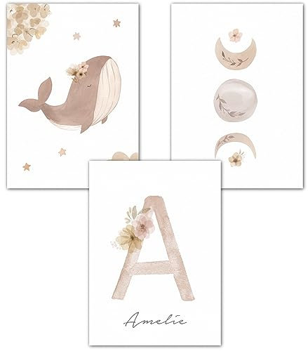 double critical Wandbilder Kinderzimmer Poster 3er Set Name personalisiert Bild Babyzimmer Boho Wal Mondphase Poster Mädchen Wanddeko A4 A3 Rosa Beige