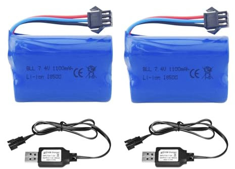 ZYGY 2PCS 7.4V 1100mah 2SBatterie Li-ION avec Prise SM-3P et 2PCS câble de Charge USB pourTK3086B G03082R G03086R G03085R RC Jouets RC Jouets TK-3082B Cascadeur Batterie de Voiture