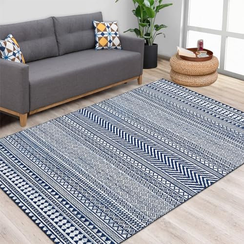LuxFocus Modern Teppich, Flecken- und Wasserfester Fusselfreier Boho-Teppich Mit Blumenmuster für Zuhause, Büro, Schlafzimmer, Wohnzimmer, Küche - Waschbar, 160 x 200 cm, Navy Blau