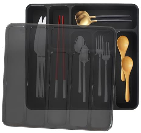 SAVOSWEET Organizador Cubiertos para Cajon con Tapa, Caja de cubiertos para Cajón de Cocina, Organizador de Cajón de Plástico para Cuchillos, Tenedores,Cucharas, Bandeja con 6 Compartimentos