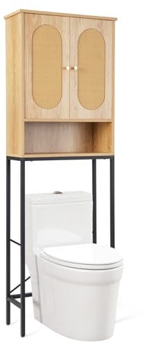 COSTWAY Over Toilet Storage Unit, Freestanding Bathroom Space Saver with Rattan Doors, 5 Compartments and Open Shelf, Metal Frame Wooden Over The Toilet Cabinet Rack Laundry Organizer, 60x24x175cm