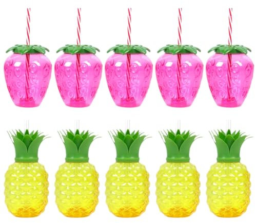 Kexpery 10 bicchieri in plastica a forma di fragola e ananas con cannuccia, bicchieri per succo di frutta, bicchieri d'acqua a forma di frutta, decorazione per feste hawaiane, luau, estate, spiaggia,
