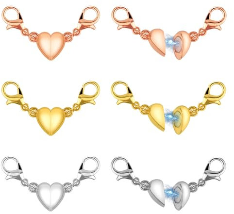 6 Pcs Heart Magnetic Lobster & Necklace Clasps, 3Pairs Bracelet Closures, Necklace Extender, DIY Jewelry Making